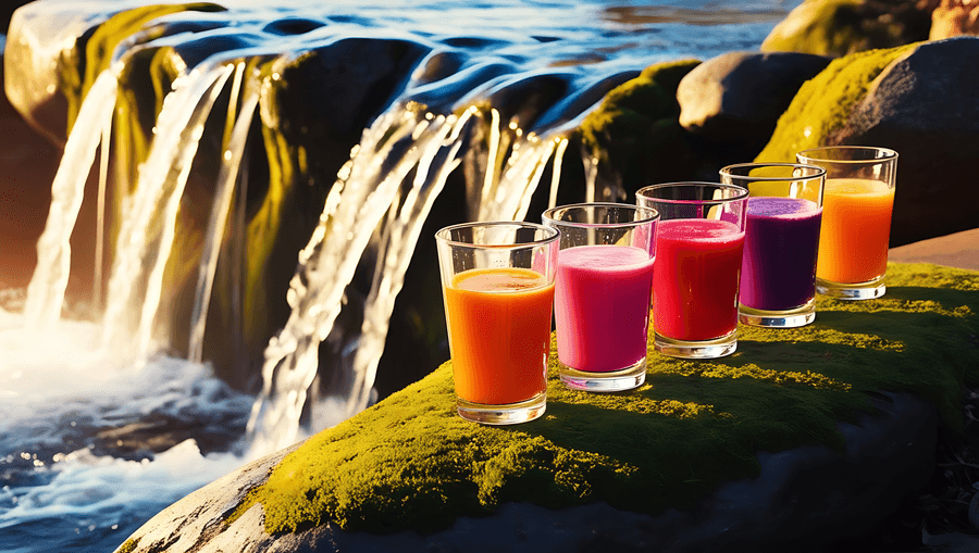 smoothies,cascada,tropical,bebidas,colorido,refrescante,fruta,naturaleza,exterior,vibrante,verano,bebida,vaso,arroyo,fresco