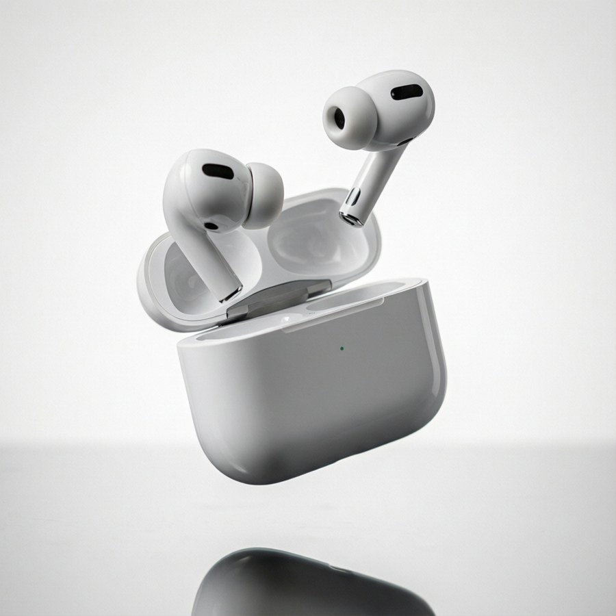 AirPods flotando en el aire, fotografía de producto.