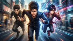Takemichi corriendo a través del tiempo con un efecto de pantalla dividida en colores vibrantes. — Tokyo revengers Fondos de pantalla