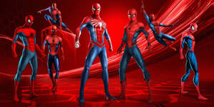 Múltiples Spiderman de pie y colgando sobre un fondo rojo, superhéroes de Marvel.