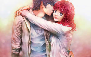 Fondo de pantalla de abrazo anime de chico y chica con chamarra