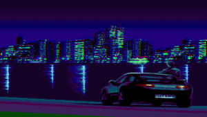 Un wallpaper estético y de fantasía de un auto negro estacionado al costado de la carretera de la ciudad por la noche.