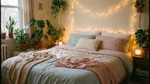 Un dormitorio estético suave y tranquilo con luces de hadas y plantas. — Estética suave GIF Fondos de pantalla