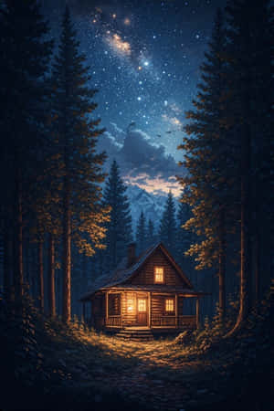 noche,cabaña,farol,bosque,pino,cielo estrellado,humo,acogedor,tranquilo,misterioso,naturaleza,4K — iPhone 4 Fondos de pantalla