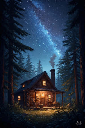 noche,cabaña,farol,bosque,pino,cielo estrellado,humo,acogedor,tranquilo,misterioso,naturaleza,4K — iPhone 4 Fondos de pantalla