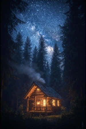 noche,cabaña,farol,bosque,pino,cielo estrellado,humo,acogedor,tranquilo,misterioso,naturaleza,4K — iPhone 4 Fondos de pantalla
