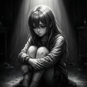 Una chica anime triste acurrucada en una habitación oscura con iluminación dramática. — Anime triste GIF Fondos de pantalla