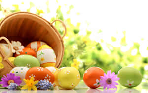 Adorable Conejito de Pascua Rodeado de Huevos de Colores en un Fondo Primaveral Vibrante