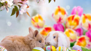 Adorables conejitos de Pascua y huevos coloridos sobre un vibrante fondo primaveral