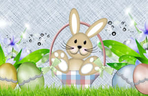 Adorables conejitos de Pascua con huevos coloridos en un jardín floreciente