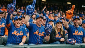 Alegres aficionados de los Mets animando en las gradas del estadio. — 1366x768 Fondos de pantalla