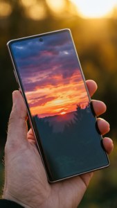 S24 Ultra en mano con fondo de pantalla de atardecer