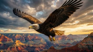Un águila volando sobre un cañón al atardecer, dramático y majestuoso. — iPad Fondos de pantalla