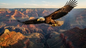 Un águila volando sobre el Gran Cañón a la hora dorada.