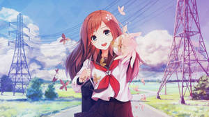 Chica anime en uniforme escolar extendiendo la mano fondo de pantalla