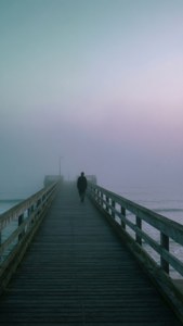 Una figura solitaria en un muelle brumoso al amanecer con tonos apagados de verde azulado y lavanda. — Arte estético GIF Fondos de pantalla