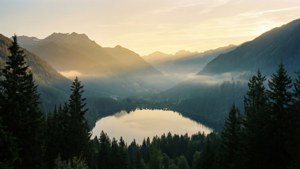 Amanecer tranquilo sobre montañas y lago en formato ultra panorámico.