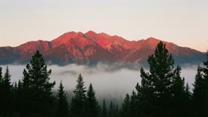 Escena tranquila de amanecer con montaña roja brumosa y siluetas de pinos
