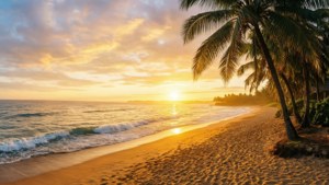Amanecer en la playa con palmeras y olas en ultra panorámico.