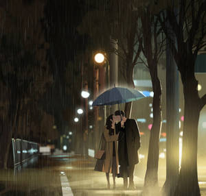 Beso de amor bajo la lluvia
