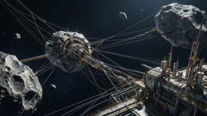 Fondo de pantalla de Amarres gravitacionales industriales se extienden a través de un campo de asteroides.