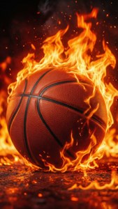 Un balón de baloncesto envuelto en llamas sobre un fondo de fuego. — Baloncesto Fondos de pantalla