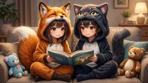 Dos niños anime en pijamas de animales leen un libro juntos en un sofá acogedor. — Anime niños Fondos de pantalla