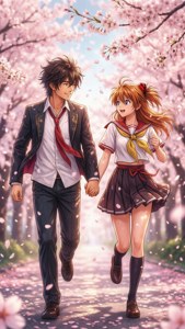 Takemichi y Hinata corren juntos en una romántica escena de cerezos en flor. — iPhone 6 Fondos de pantalla