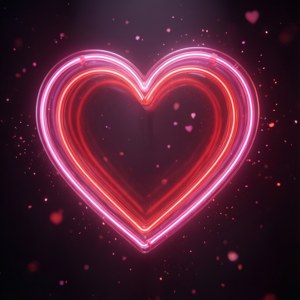 Un corazón de neón brillante flotando en un espacio oscuro con partículas.