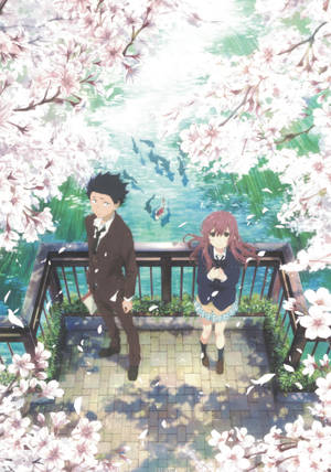 Fondo de pantalla de la pareja de A Silent Voice en el estanque de sakura — OnePlus Pad 3 Pro Fondos de pantalla