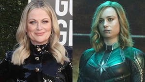 Amy Poehler y Brie Larson en Pantalla Dividida — Marvel Fondos de pantalla