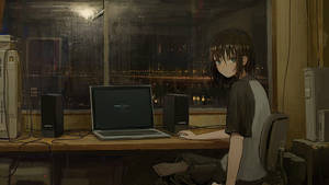 Anime Laptop Junto al Paisaje Urbano Lluvioso — Anime laptop Fondos de pantalla