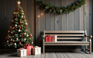 Navidad, banco, árbol, regalos, acogedor, festivo, decoración, invierno, hogar, adornos, pino, celebración, festivo, luces, interior
