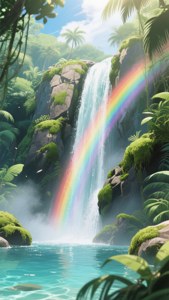 Una majestuosa cascada de anime con un arcoíris en la niebla. — Escena de anime GIF Fondos de pantalla