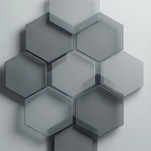 Patrón de hexágonos grises superpuestos con una estética moderna y limpia.
