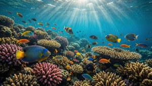 Fondo de pantalla submarino ultra panorámico de un colorido arrecife de coral.