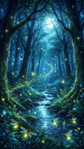 Arroyo mágico del bosque con luciérnagas y luz de luna. — iPhone Se Fondos de pantalla