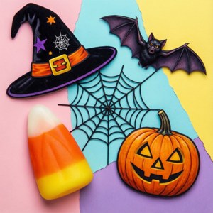 Collage artístico de artículos de Halloween sobre fondo pastel