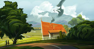 Arte de distancia de amor y romance que presenta dos parejas caminando bajo un árbol y una casa, los campos y las montañas al fondo. — Amor aesthetic GIF Fondos de pantalla