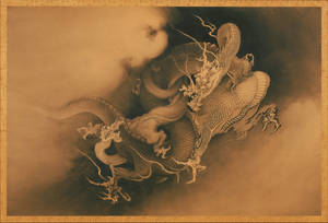 Arte de dragón japonés sobre nubes espesas