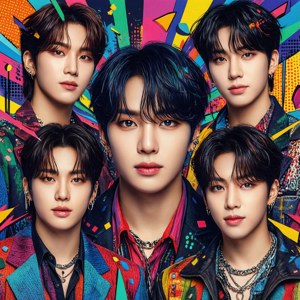 Portada de álbum vibrante al estilo pop art con un grupo de Kpop