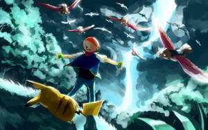Ash defendiendo a Pikachu de enemigos o Pokémon malvados en un bosque mientras caen rayos.