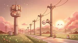 paisaje kawaii, atardecer acogedor, escena junto al camino, poste de teléfono lindo, atardecer caprichoso, sol sonriente, sol guiñando un ojo, personaje chibi, torre de señales, pájaro lindo, gato lindo, señal de corazón, luciérnagas brillantes, paisaje de nubes rosadas, camino sereno, sendero campestre, colores pastel suaves, ilustración nostálgica, atmósfera tranquila, tarde mágica — Gato Lindo Fondos de pantalla
