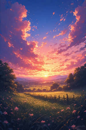 atardecer anime,paisaje rural,cielo soñador,etéreo,colores vibrantes,fondo de pantalla,arte digital,paisaje anime,campo,hermoso,tranquilo,sereno — Paisaje anime Fondos de pantalla
