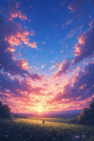 atardecer anime,paisaje rural,cielo onírico,etéreo,colores vibrantes,fondo de pantalla,arte digital,paisaje anime,campo,hermoso,tranquilo,sereno — Paisaje anime Fondos de pantalla