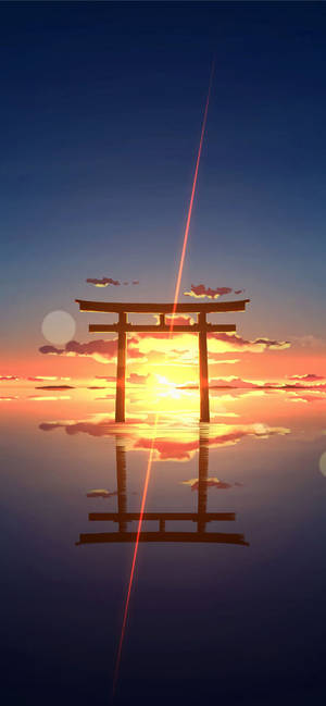 Fondo de pantalla de atardecer con torii en el horizonte — iPhone 18 Fondos de pantalla