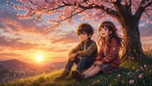 Dos niños anime disfrutan de un tranquilo atardecer bajo los cerezos en flor. — Anime niños Fondos de pantalla