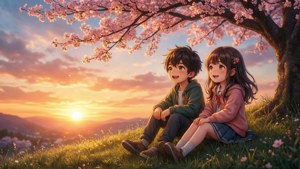Dos niños de anime disfrutan de un tranquilo atardecer bajo los cerezos en flor. — Anime niños Fondos de pantalla