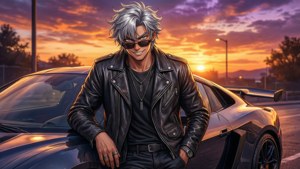 Un chico anime con estilo posando con un auto deportivo al atardecer.