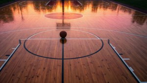 Impresionante vista panorámica de una cancha de baloncesto bañada por los colores del atardecer. — Baloncesto Fondos de pantalla